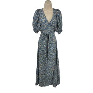 Natural Life Blue Floral Wrap Maxi Dress Puff Sleeve Tie Waist Womens Medium